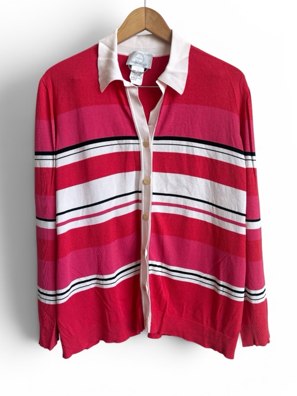 Marina Rinaldi Voyage Italy Pink Stripe Knit Cardigan Polo Sweater XL